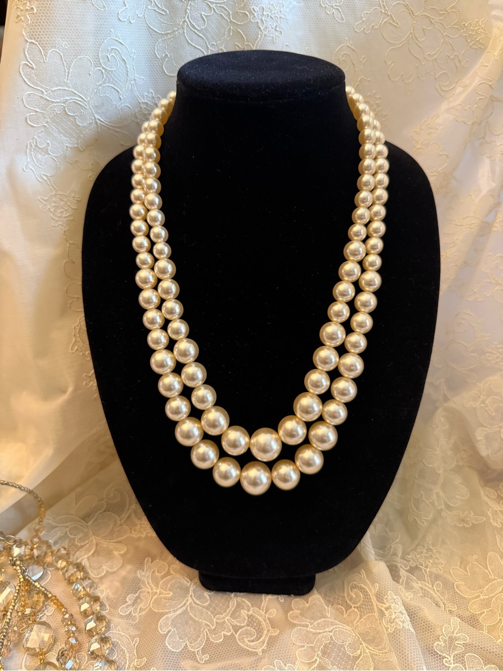 Vintage Ivory Graduated Faux Pearl Dual-Strand Necklace Coquette Champagne - Picture 4 of 11